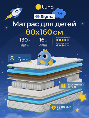 Изображение товара Детский пружинный матрас Luna Sigma 80х160, анатомический, беспружинный, с кокосовой койрой, высота 16 см