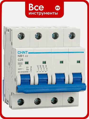 Изображение товара Автоматический выключатель CHINT NB1-63, 4P, 25A, 6кА, характеристика C 179745