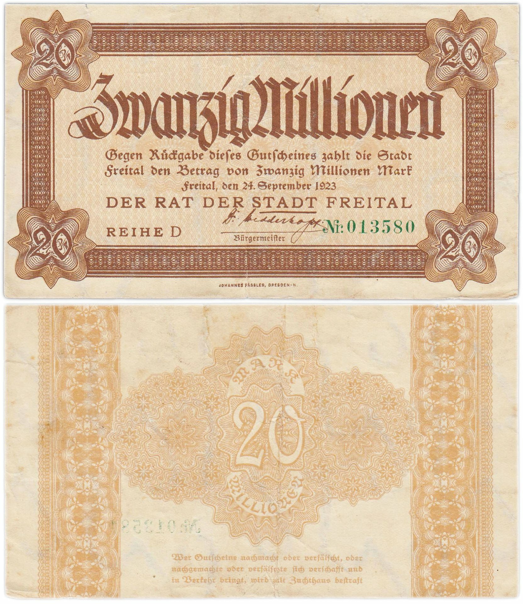 Германия 20000000 марок 1923 год Фрайталь