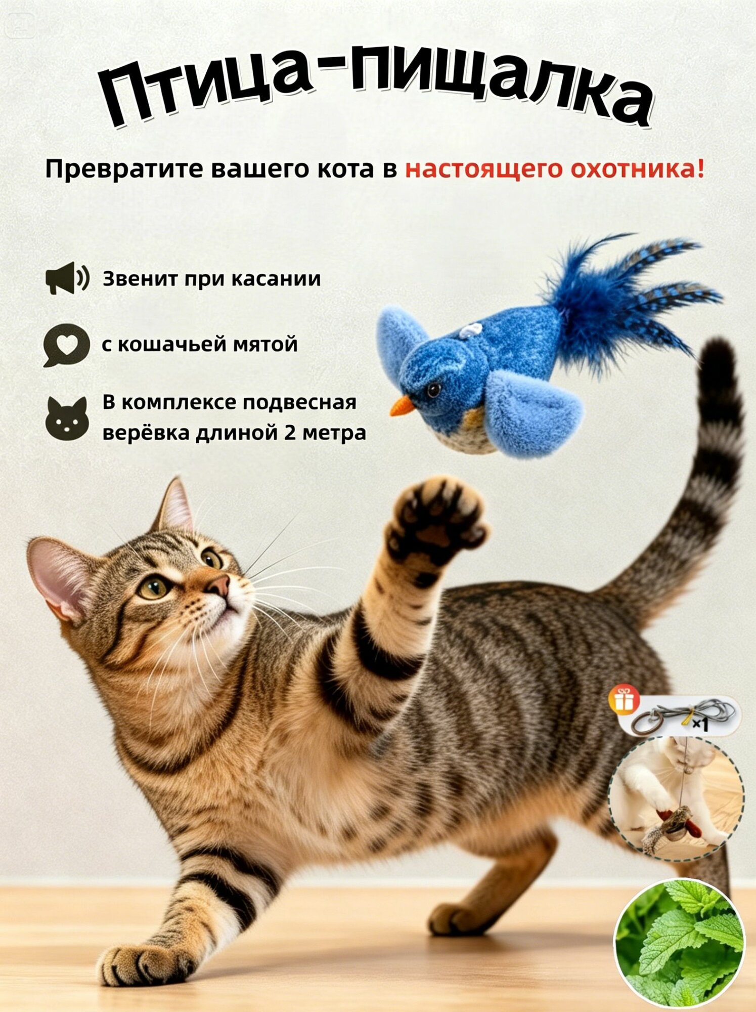 Игрушка для кошек летающая птичка на резинке, подвесная дразнилка с кошачьей мятой, синий цвет