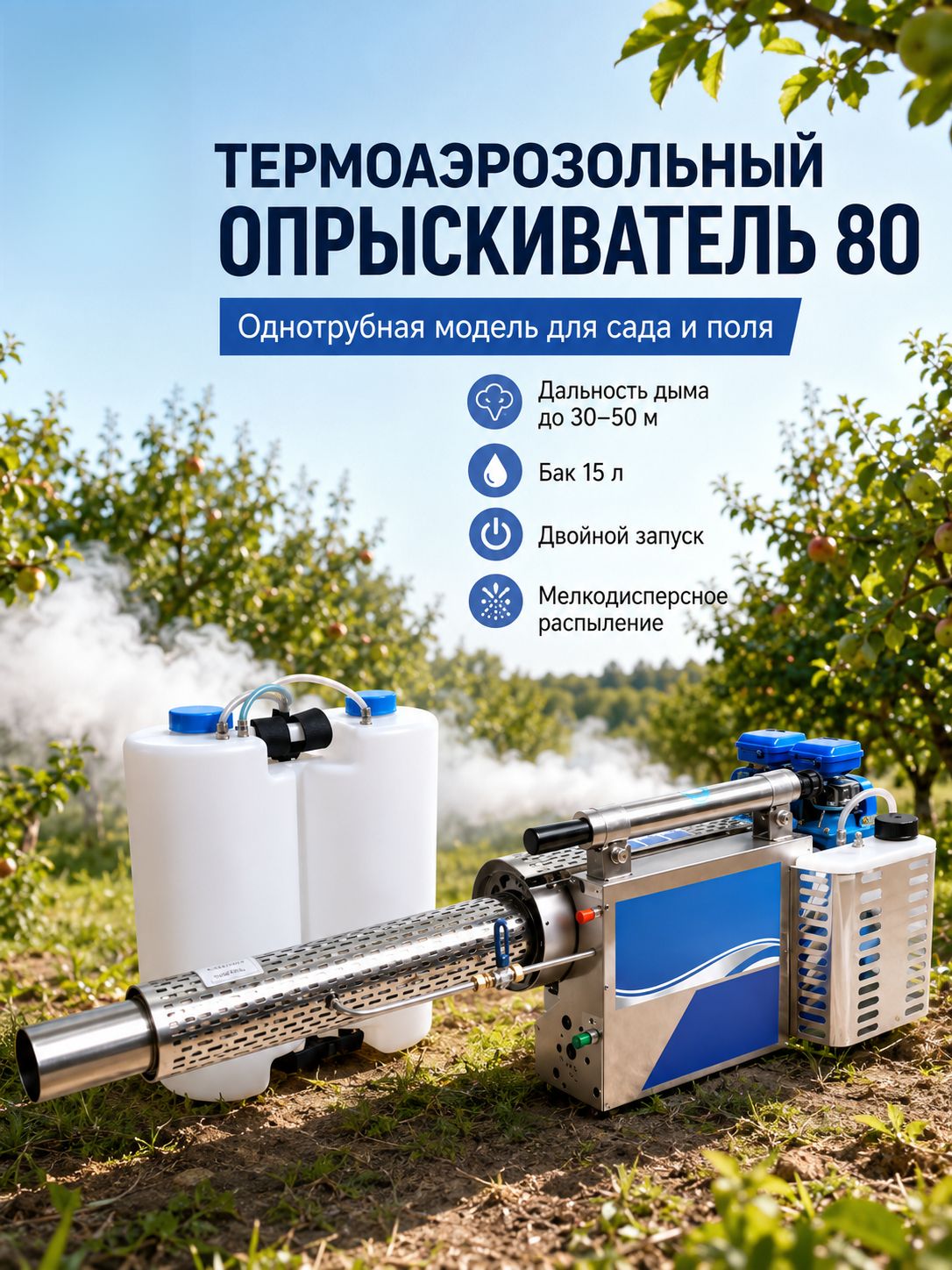 Производительный термический распылитель 6HYC-80, две ёмкости 15 л и дальность 3050 м, для садов, теплиц и полевых участков