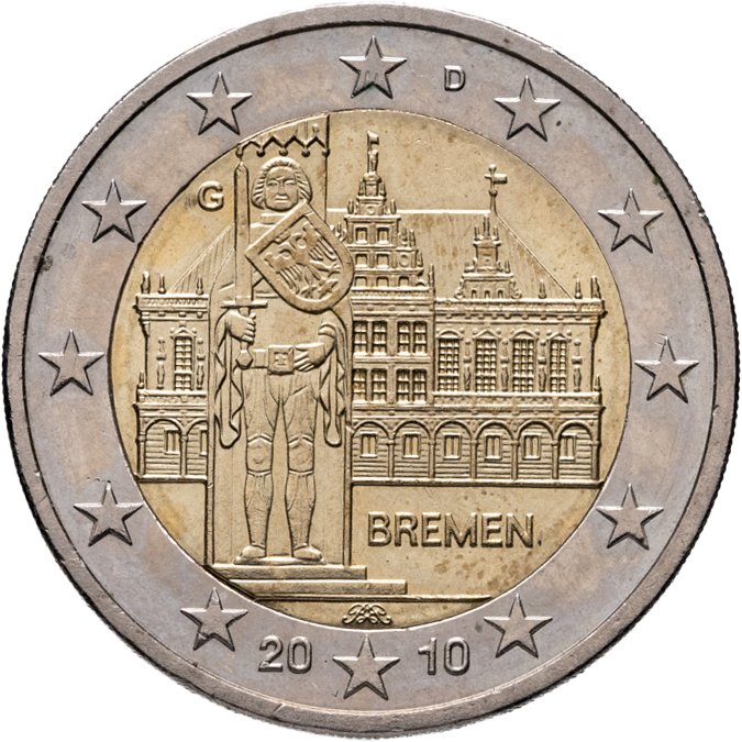 Германия 2 евро 2010 G "Федеральные земли Германии: Бремен", Биметалл, в сохранности UNC