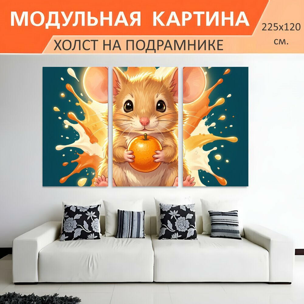 Модульная картина на холсте "Милый мышонок с апельсином. Очаровательный мультяшный грызун с большим цитрусом в лапках, яркие." триптих на подрамнике 225х120 см. для интерьера