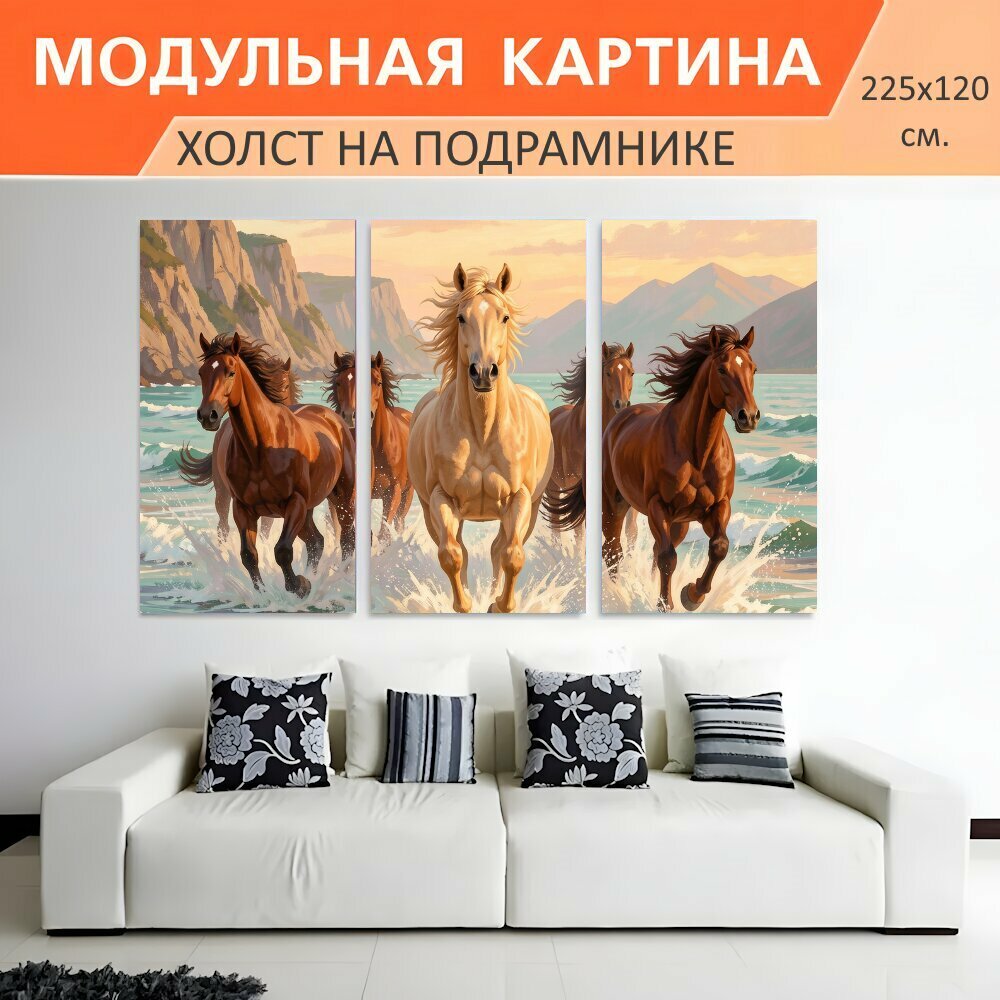Модульная картина на холсте "Лошади в морской воде на закате. Динамичная сцена с бегущими скакунами у береговой линии: летящие." триптих на подрамнике 225х120 см. для интерьера