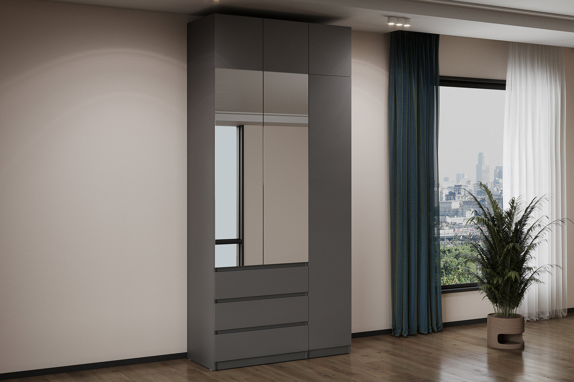Шкаф для одежды Нонтон Грандис, 120x50x260 см, с антресолью, с зеркалом, 3 ящика, графит