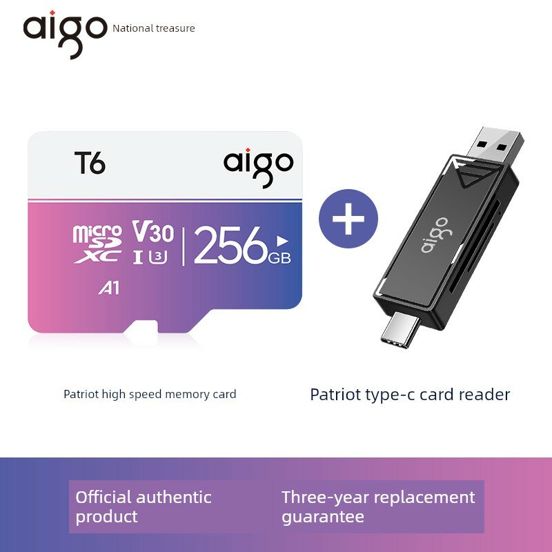 Aigo T6 256GB MicroSD карта с двойным интерфейсным кардридером для видеорегистратора и видеонаблюдения