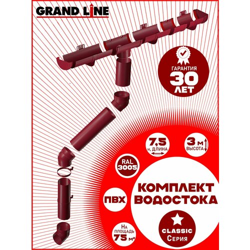 фото Комплект элементов водоотведения grand line на 7,5 м карниза (120мм/90мм) бордо ral 3005, водосточная система для крыши пластик гранд лайн ( вишневый , винно - красный ) пвх