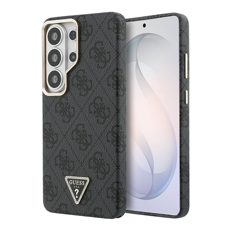 Guess чехол с MagSafe для Galaxy S26 Ultra, PU кожа с узором 4G, Triangle Diamond metal logo & Gold camera, черный