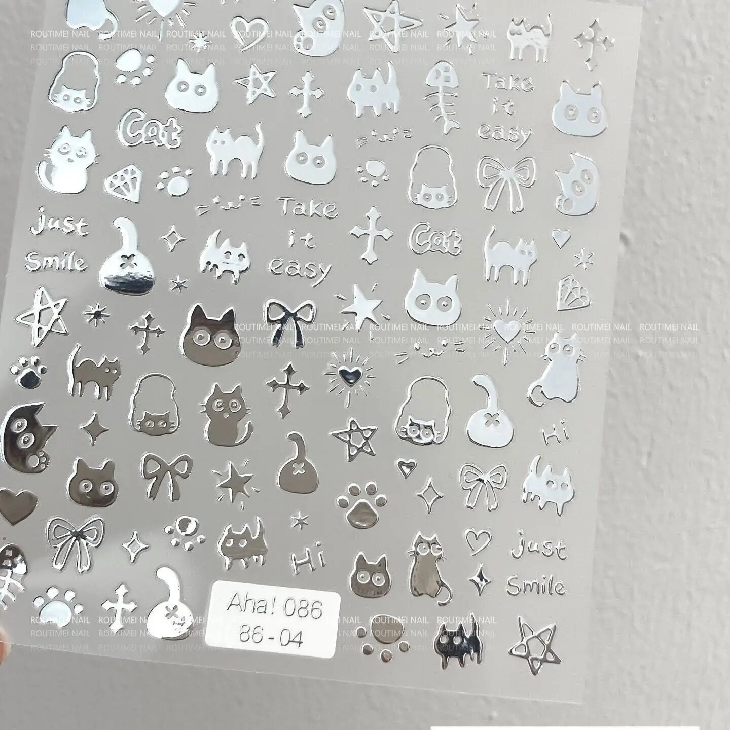 Наклейки для ногтей с котиками Cat Kitten one silver.