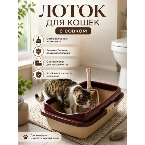 фото Лоток для кошек и котят с бортом и совком, 37х26,5х12,5 см, коричнево-бежевый ddstyle