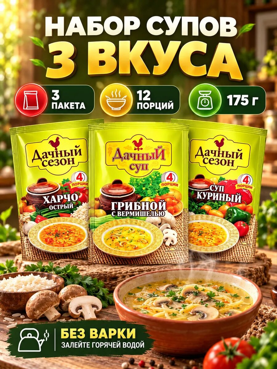 Набор супов 3 вкуса харчо грибной куриный 175г — супы быстрого приготовления