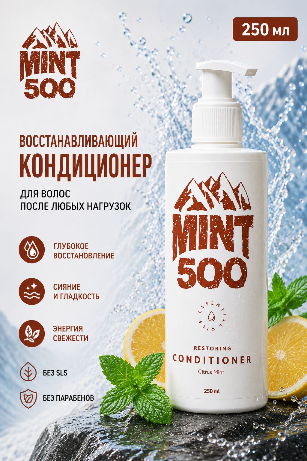Бальзам-кондиционер для волос и бороды мужской Mint500 увлажняющий, мята и лимон, 250 мл