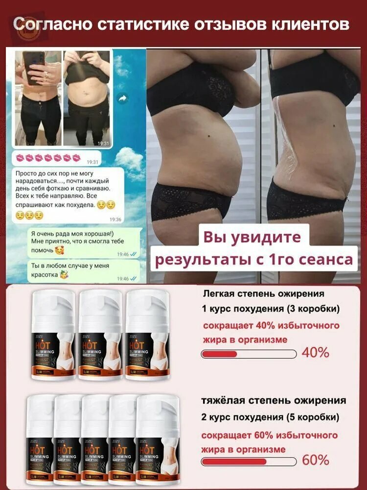 Крем для похудения 50 г для живота, антицеллюлитный, подтягивающий, быстрое похудение, без обратного эффекта — фото 1