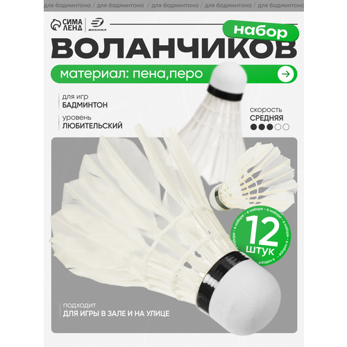 Воланы для бадминтона, набор 12 шт, перо, в тубе, цвет белый