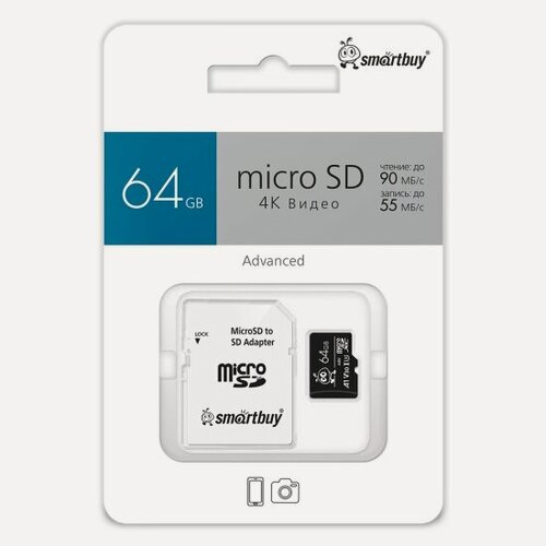 Изображение товара Карта памяти Smartbuy Advanced Series micro SDXC 64Gb UHS-I U3 V30 A1 + ADP (90/55 Mb/s)