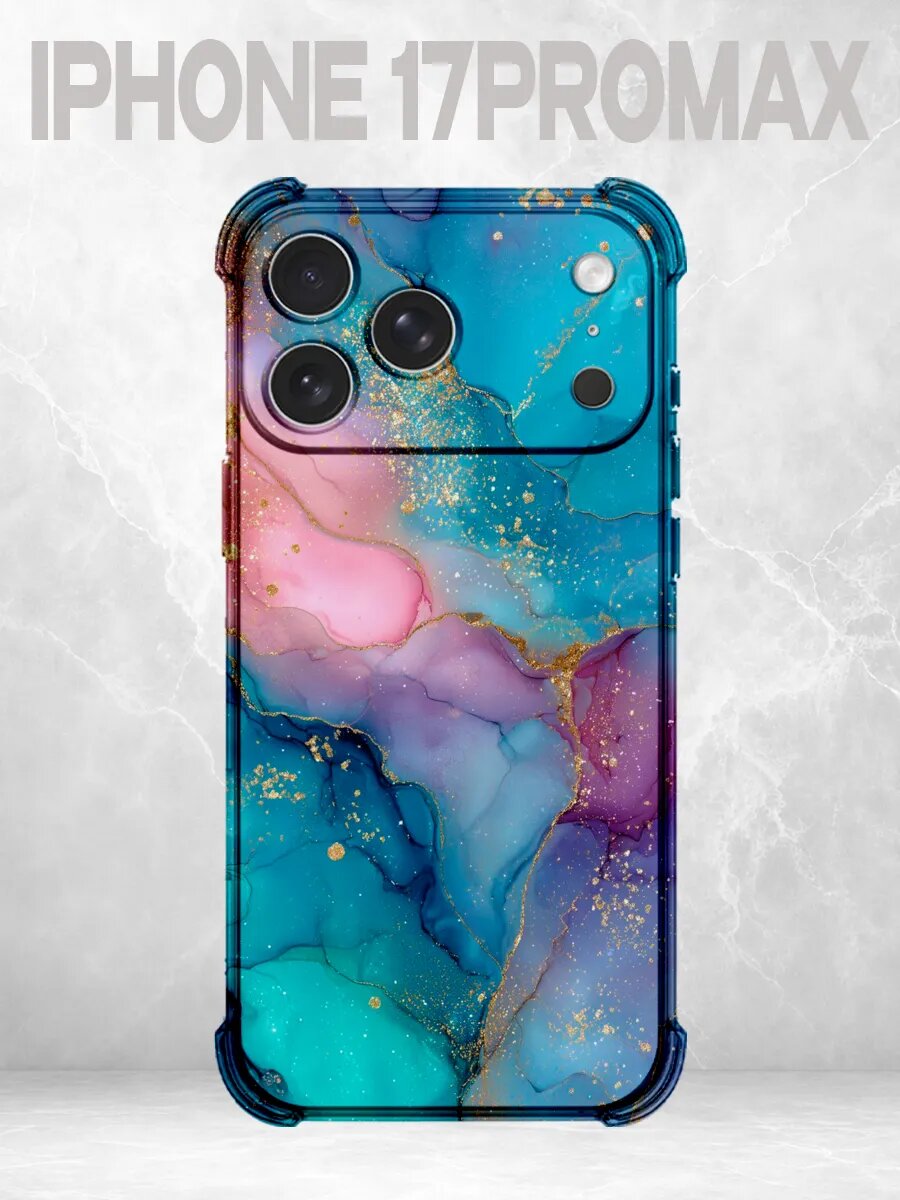 Чехол на iPhone 17 Pro Max мрамор бирюзово-розовый