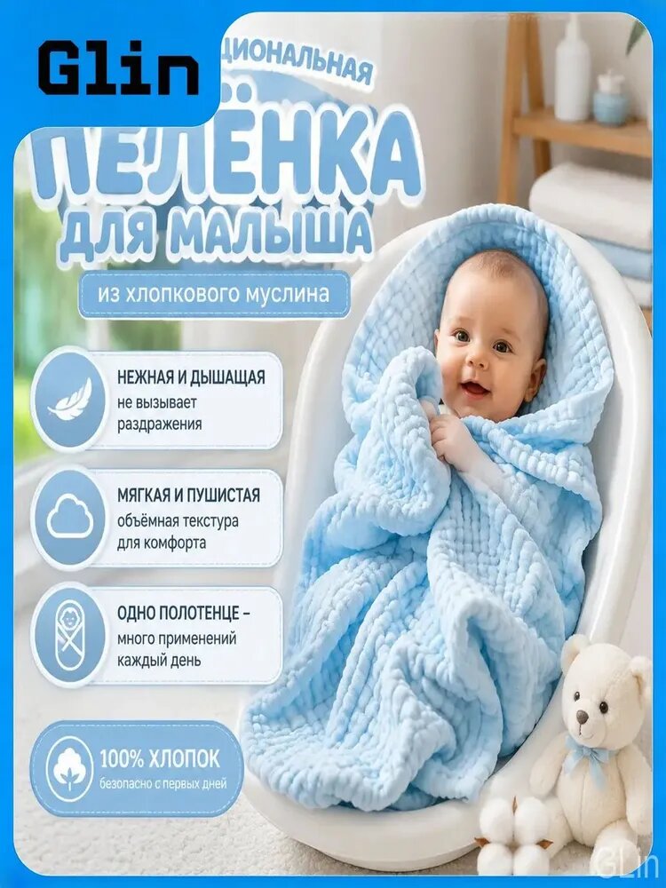 Плед 105x105 см перкаль светло-синий
