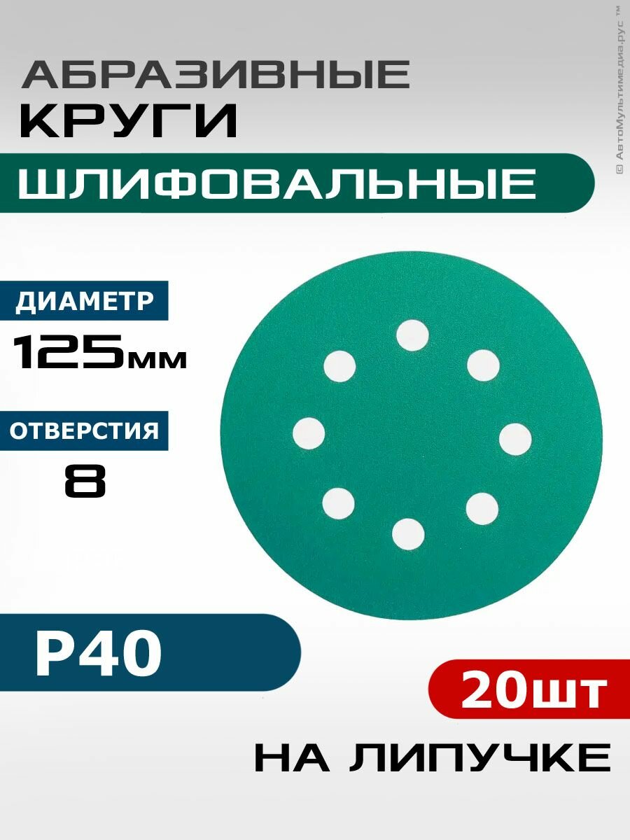 Шлифовальные круги Р40, 20шт, диаметр 125мм, наждачный абразивный полировальный диск