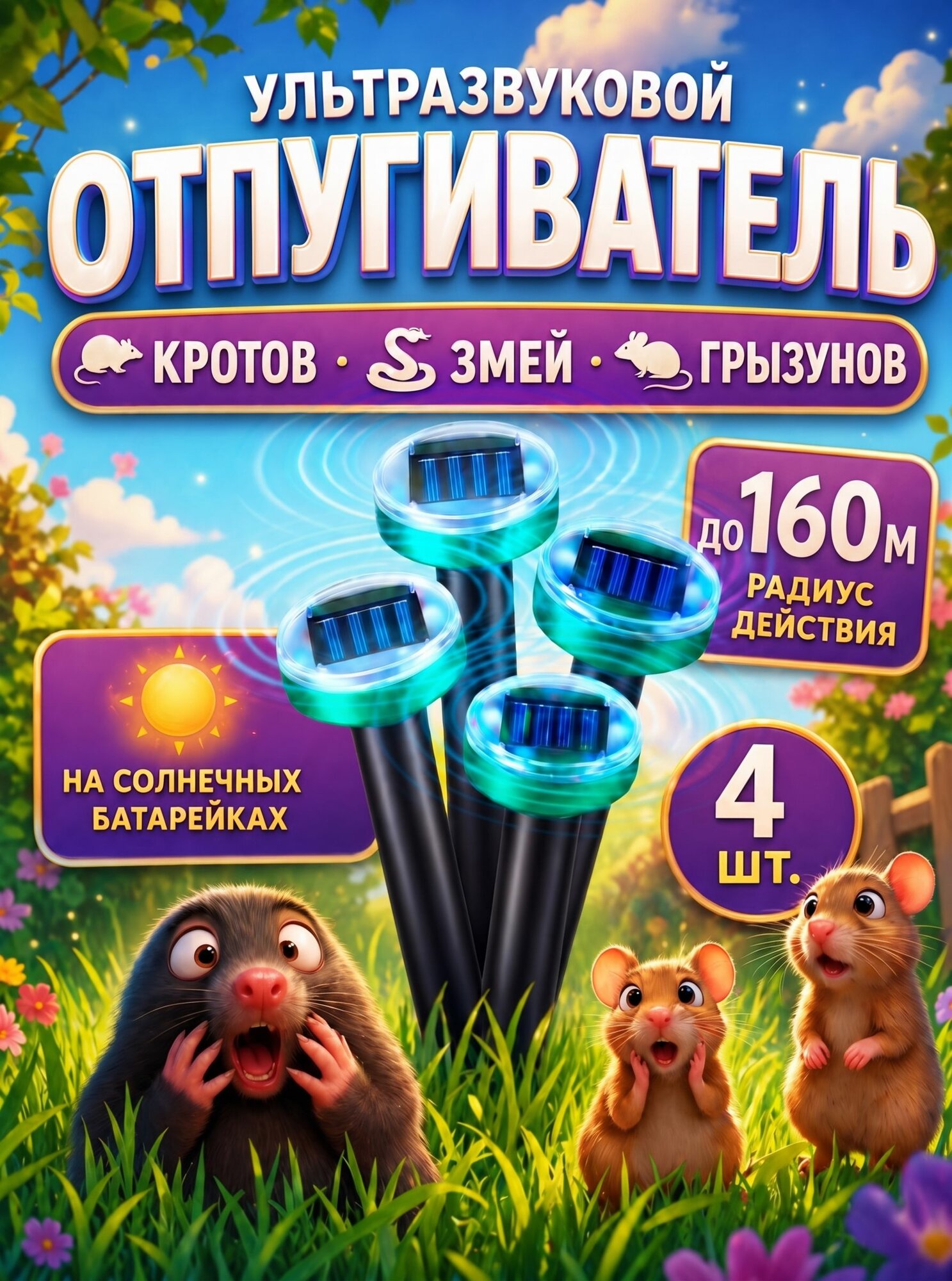 Отпугиватель кротов ультразвуковой, змей, грызунов, мышей, крыс на солнечной батарее, 4шт
