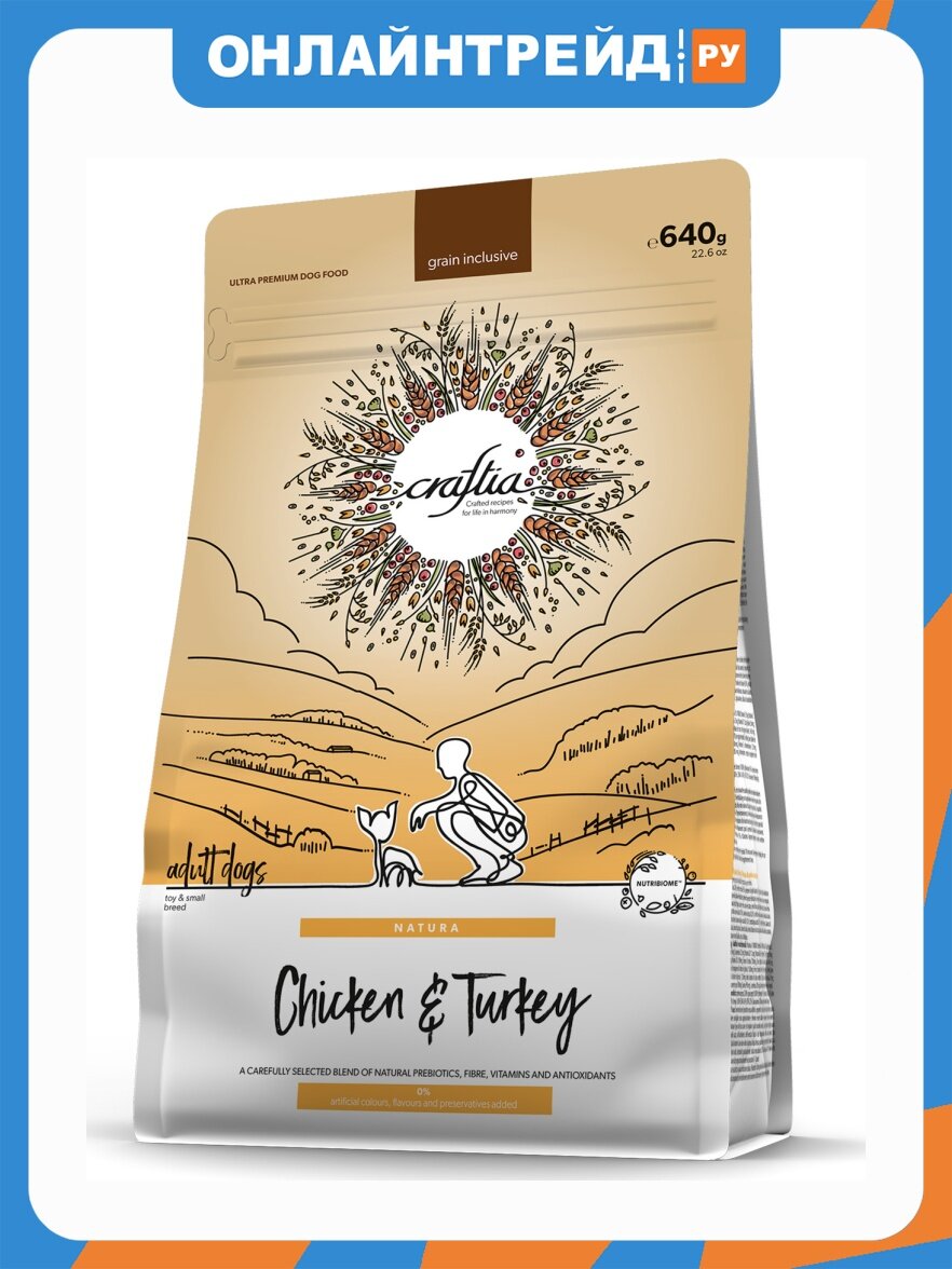 Корм сухой Craftia NATURA для взрослых собак миниатюрных и мелких пород из курицы и индейки 640 г