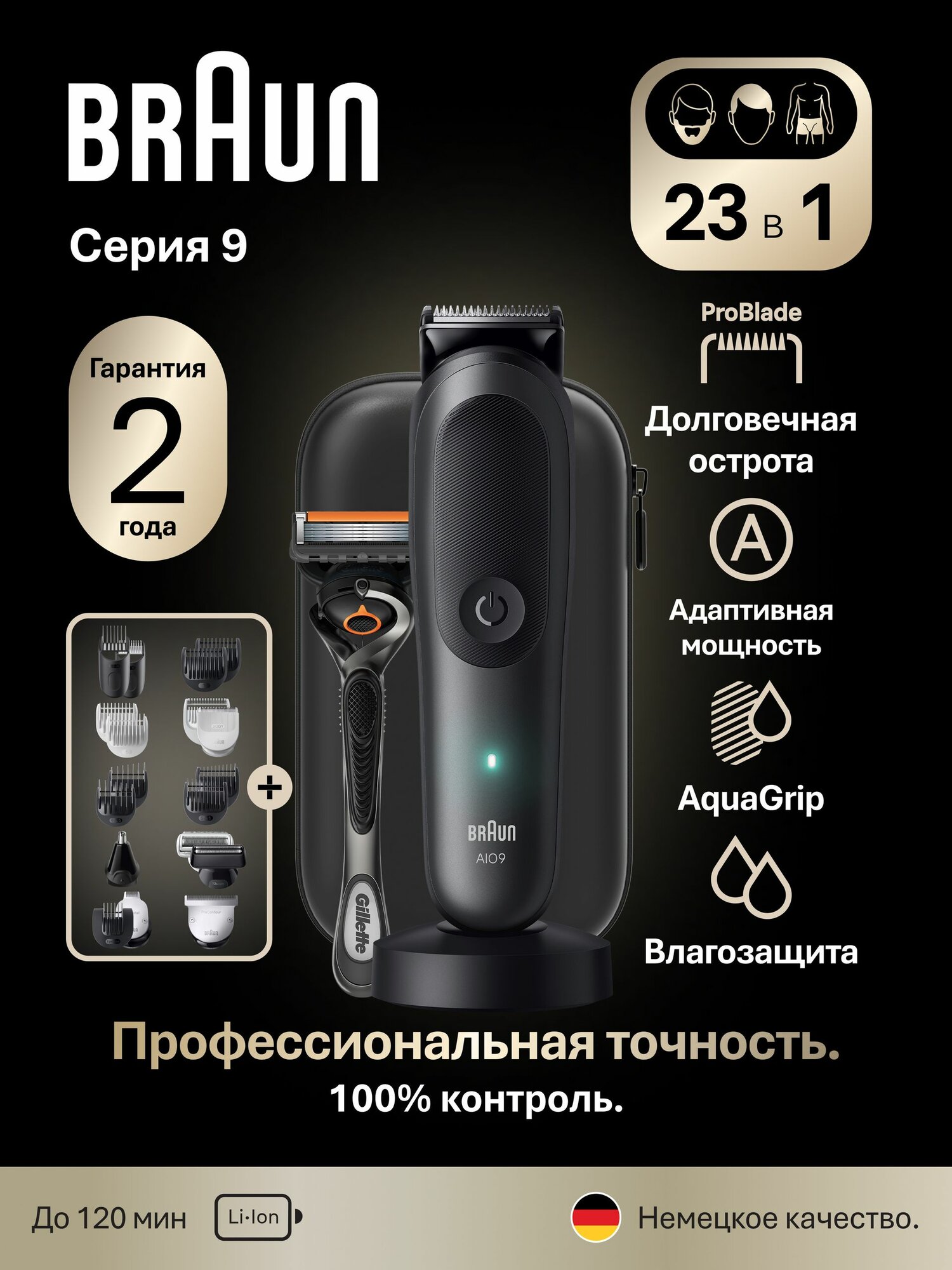 Триммер электрический Braun AIO9520 для бороды волос и тела 23в1 темно-серый
