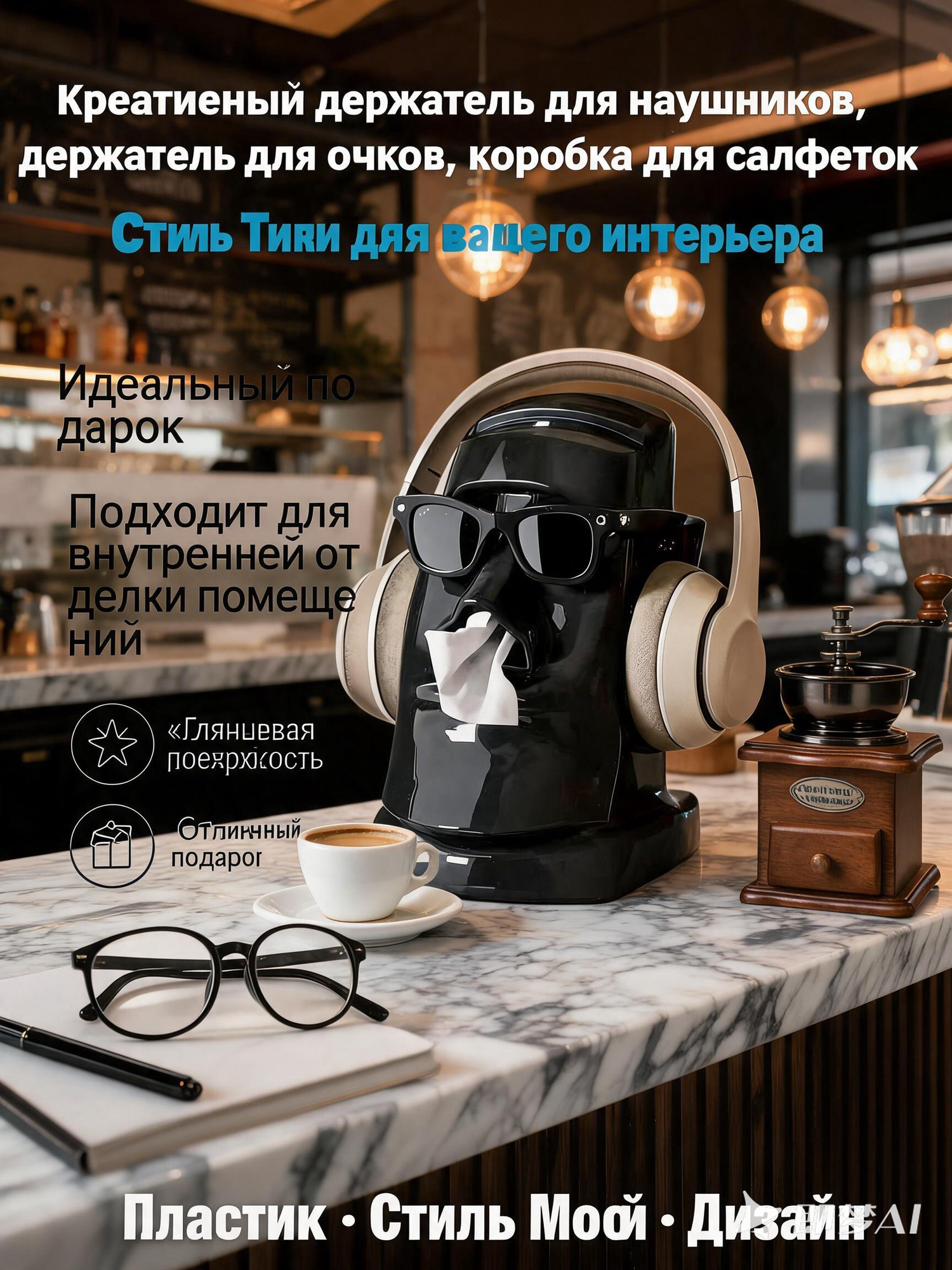 Многофункциональная подставка для наушников + оправа для очков + коробка для салфеток, черное, модный стиль global
