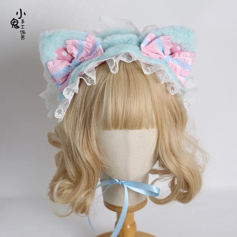 Милая кошачья повязка Blue Pink polka