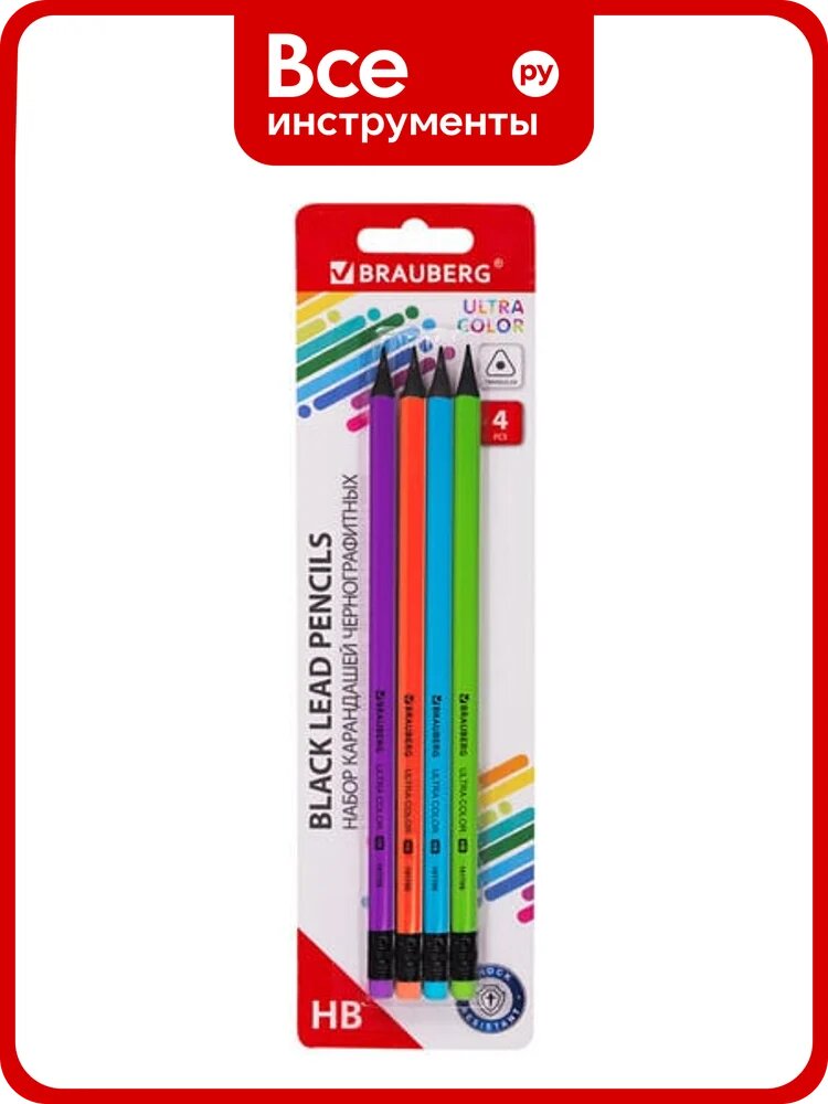 Набор чернографитных карандашей Ultra Color BRAUBERG, Hb, с ластиком, пластиковые 12 упаковок по 4 шт 181709