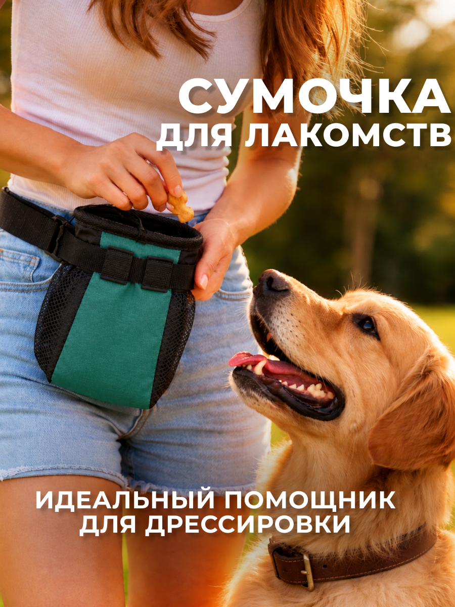 Дрессировочная сумка для лакомств Кошковед, для собак, с ремнем на пояс, зеленая, 20х14х14 см