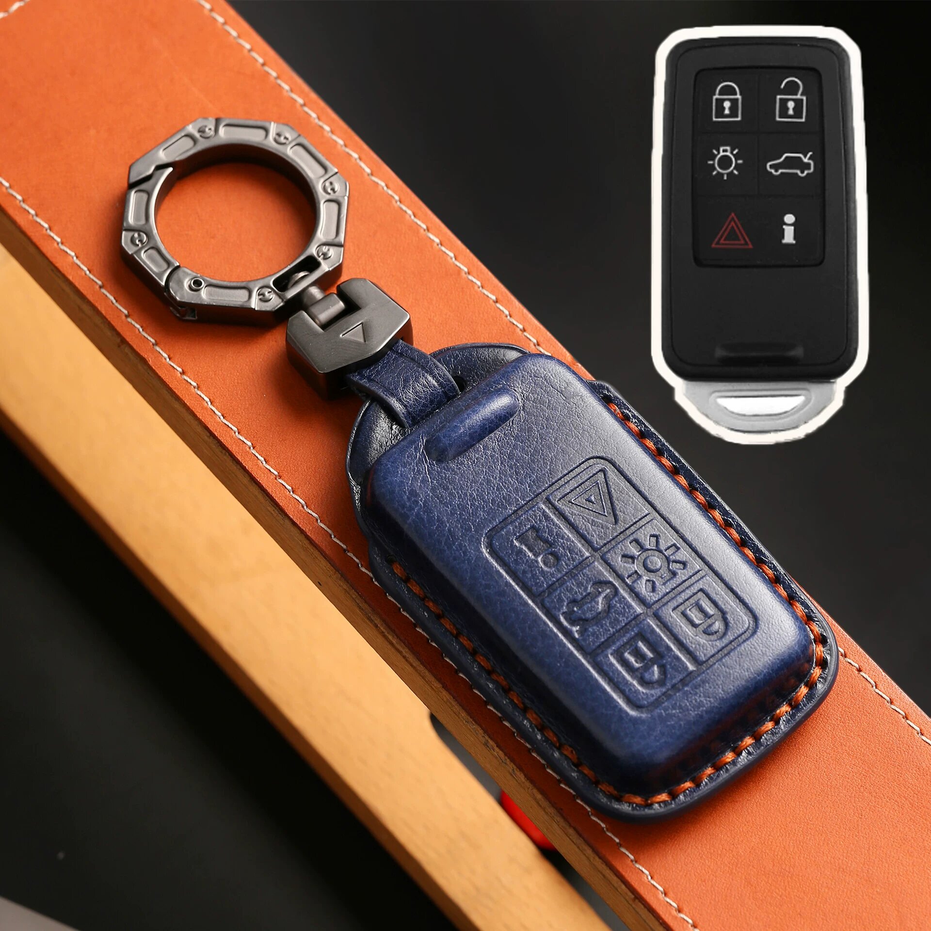 Чехол для ключа Volvo 6-кнопочный, кожа растительного дубления, синий для XC60/XC90/S60/S90/XC40/V90