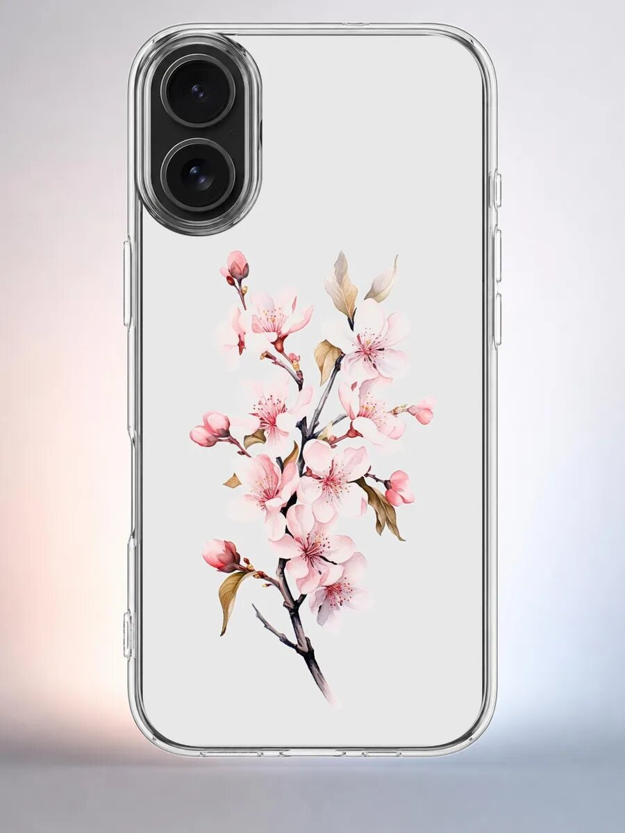 Чехол iPhone 16 сакура с листьями силиконовый прозрачный