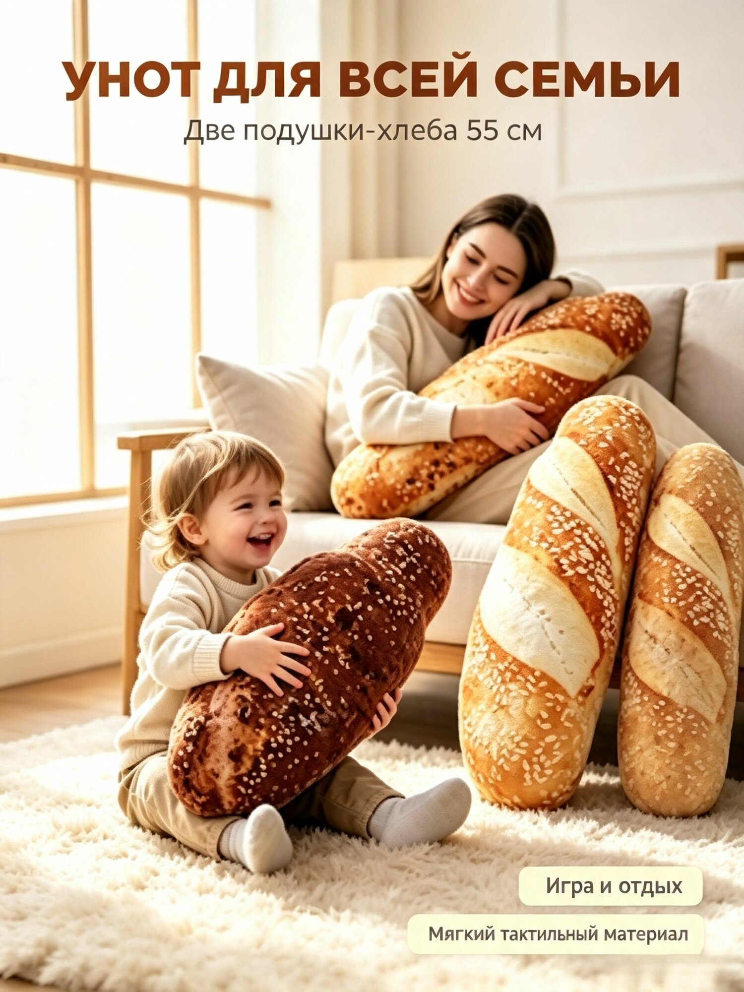 Подушки хлебца 55 см комплект 2 шт, милые штучки, orange toys, мягкая плюшевая подушка в виде хлеба для дома и подарка