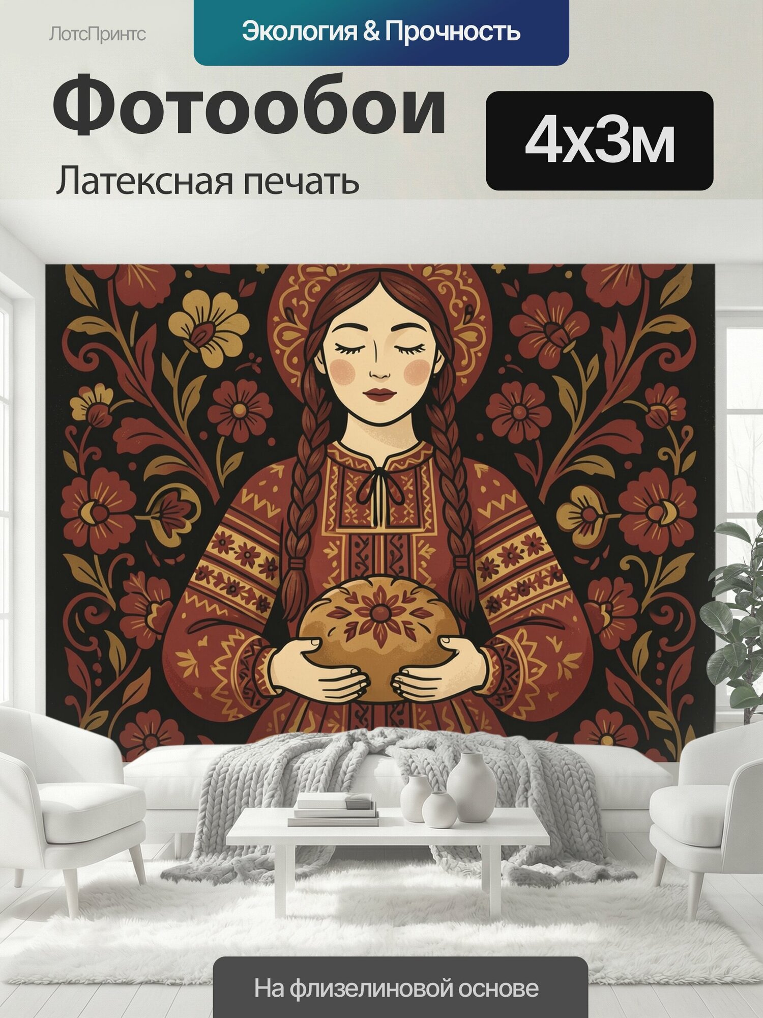 Фотообои моющиеся ударопрочные "Девушка в русском народном костюме. Славянская красавица с косами и караваем, в узорном традиционном платье и." 400x300 см. латексная печать