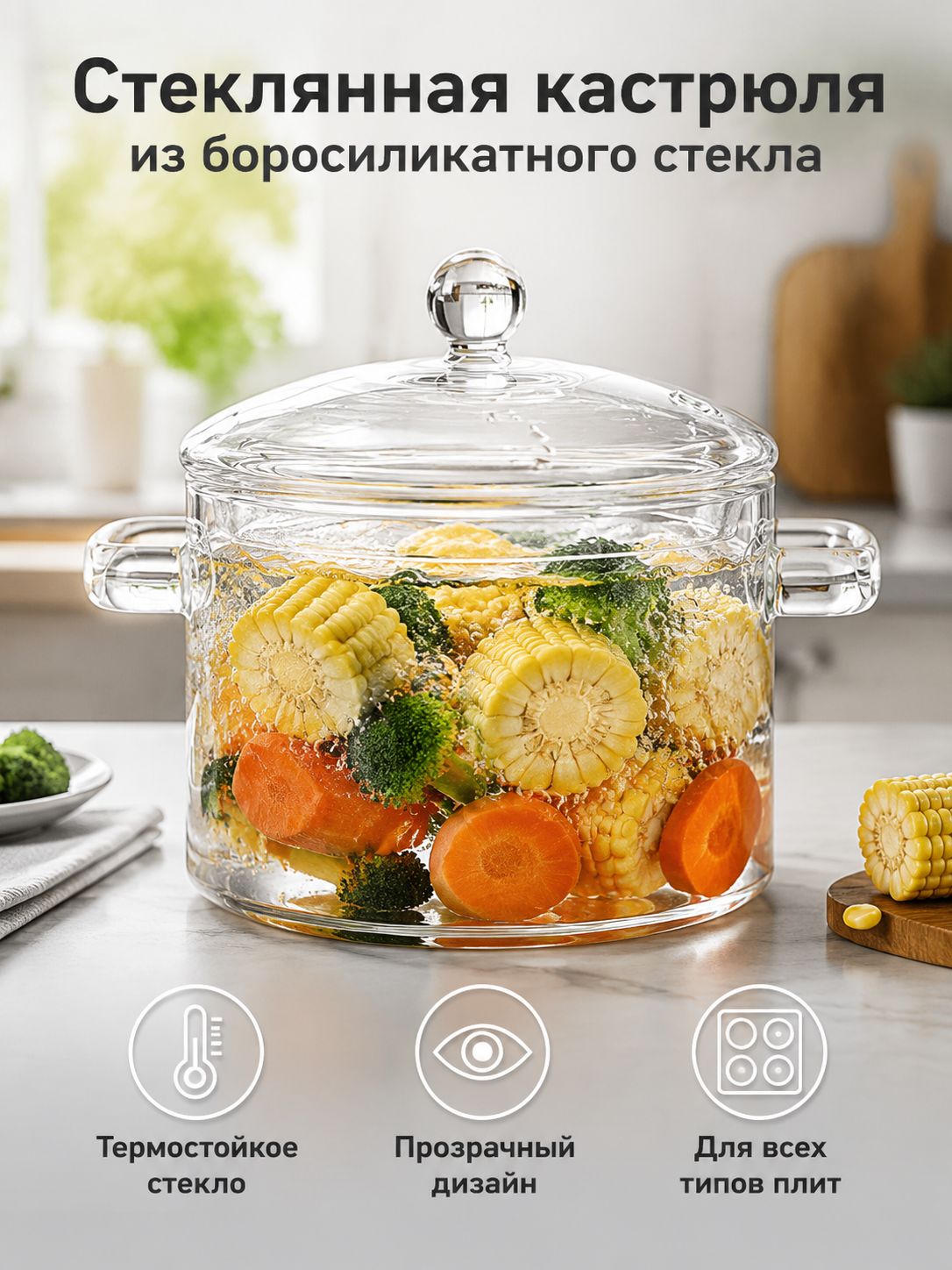 Стеклянная кастрюля с крышкой, 15 см, 1.6 л, из боросиликатного стекла, прозрачная, для супа и лапши