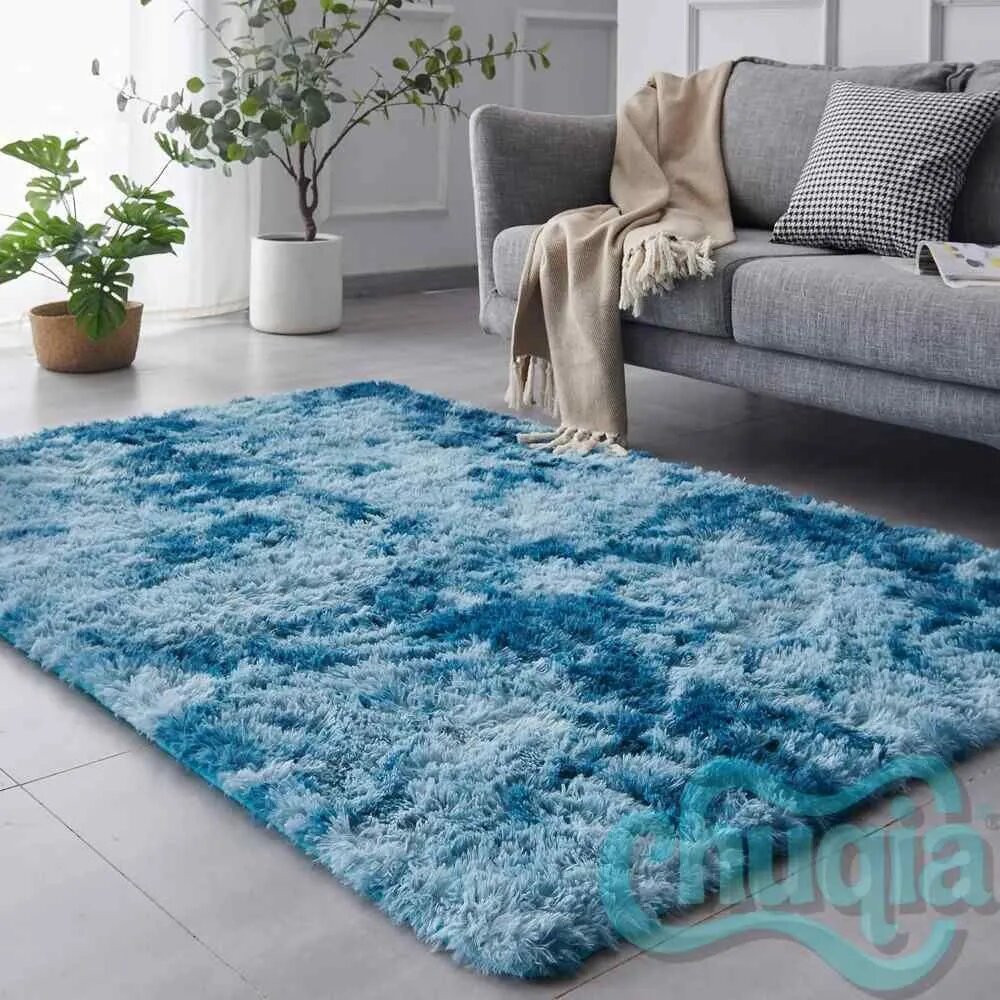 Ковер 120x80 см голубой, длинноворсовый, из полиэстера, современный