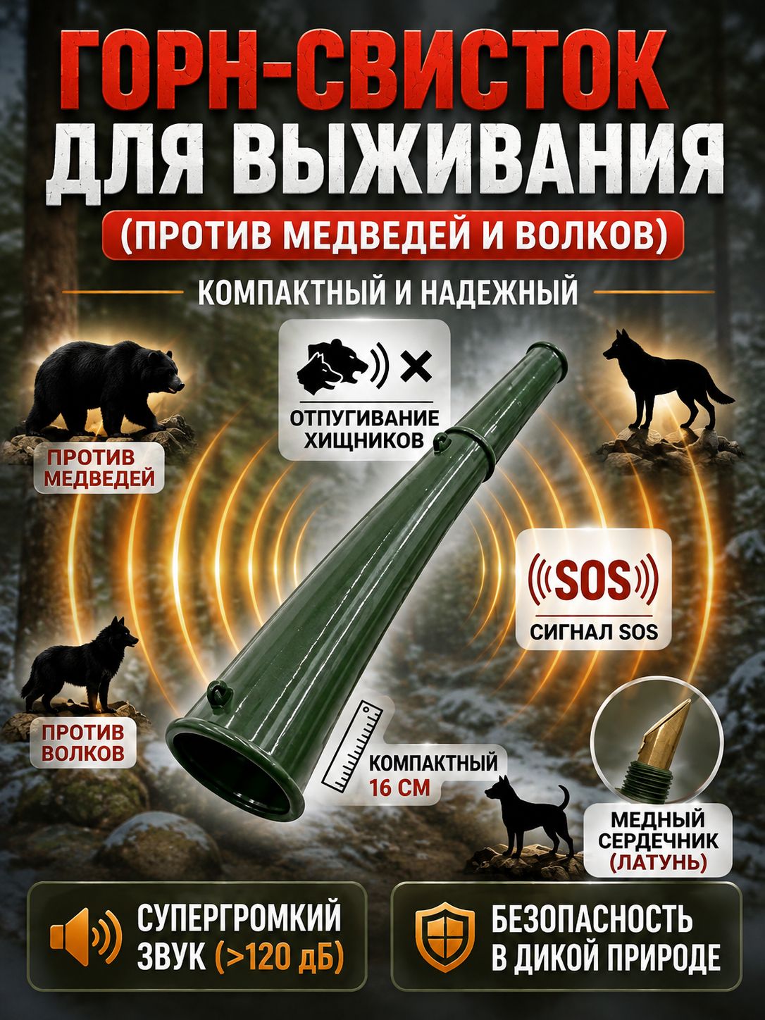 Спасательный горн-свисток от медведей для туризма, громкий звук 95 дБ на 1км, 16 см, зеленый, сигнальный гудок