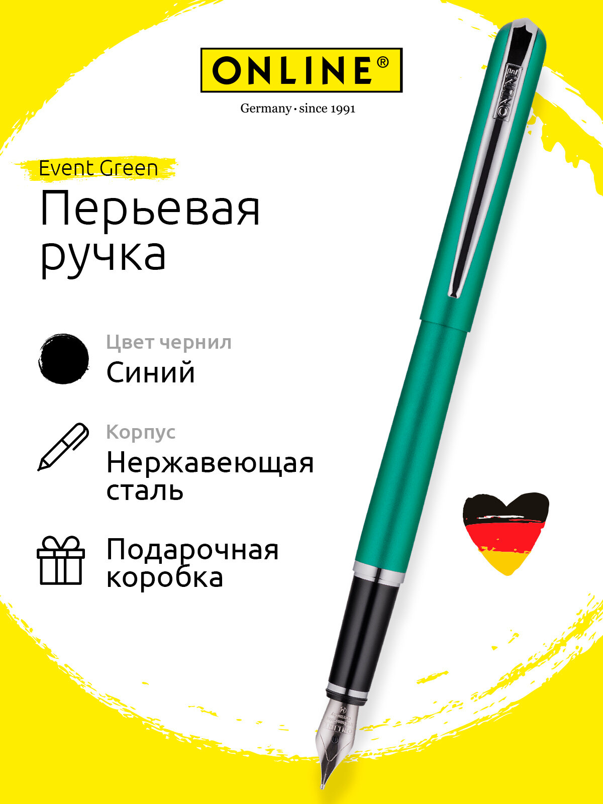 Перьевая ручка ONLINE Event Green синий стержень M, OL 30314
