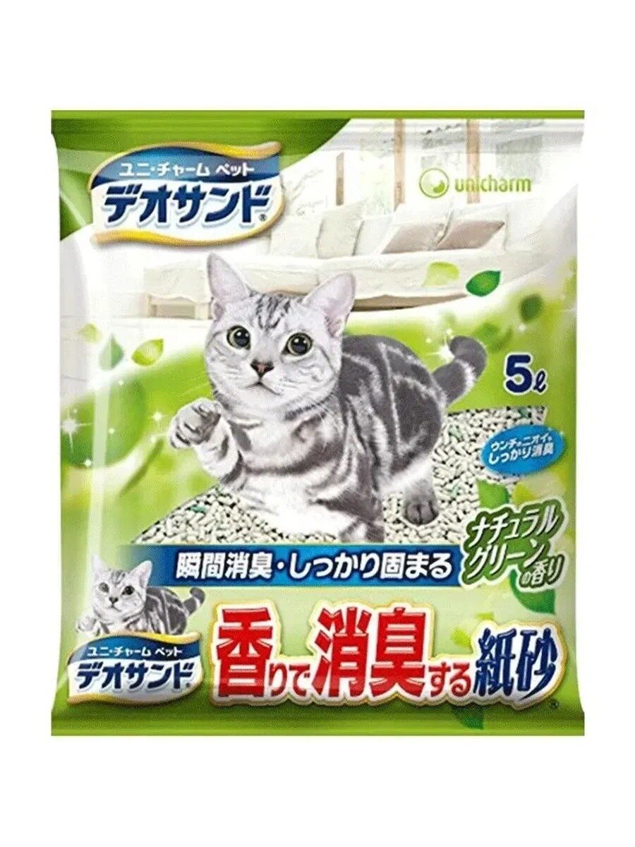KNOW EASY-Наполнитель для кошачьего туалета Unicharm 5 литров Со вкусом зеленого чая, быстро формируется в шарик.
