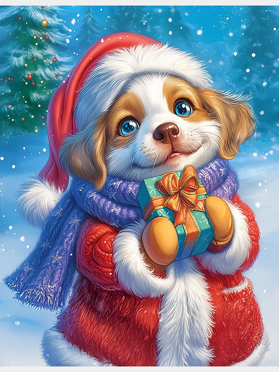 Картина по номерам "Щенок в костюме Деда Мороза" на подрамнике, детская разукрашка, набор для детского творчества и росписи, холст для живописи и рисования красками, 14 цветов, 17х22 см
