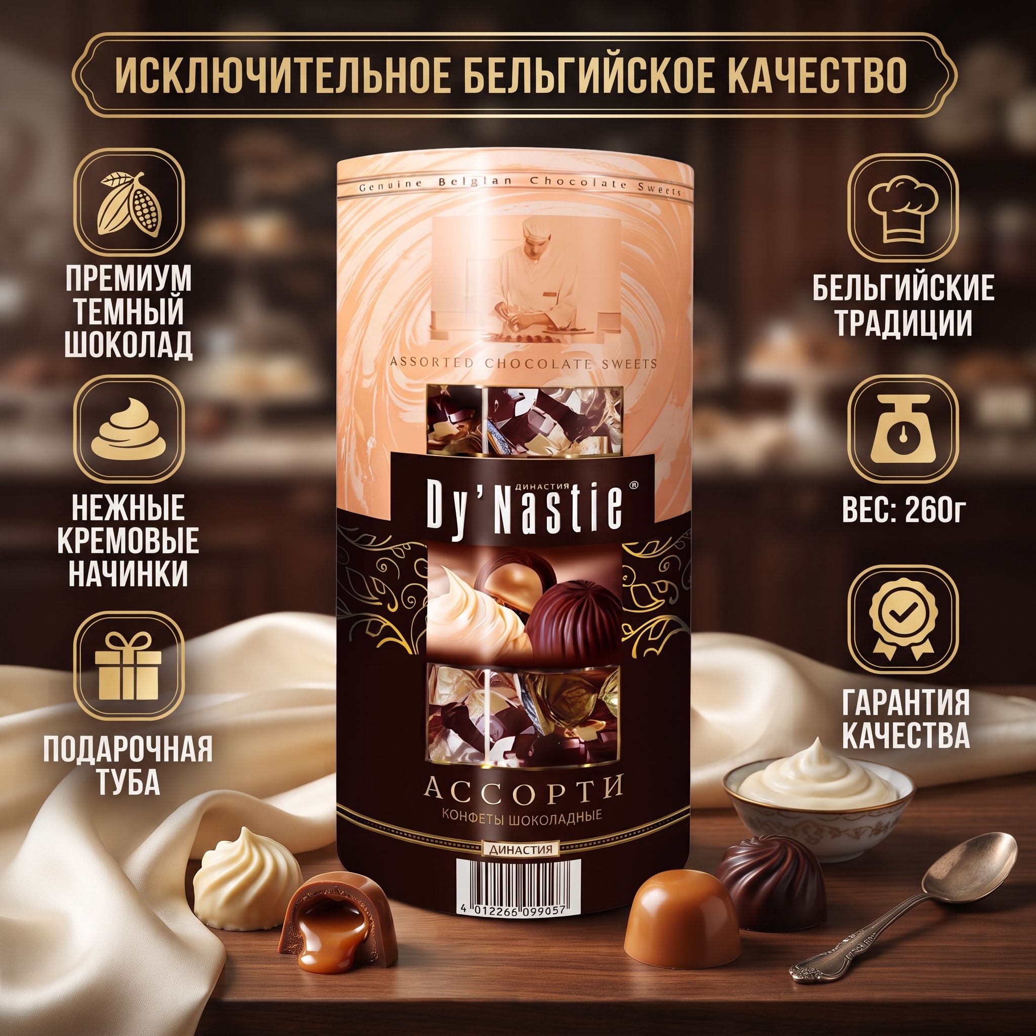 Конфеты Dy Nastie шоколадные "Ассорти с кремовыми начинками" /туба/ 260г