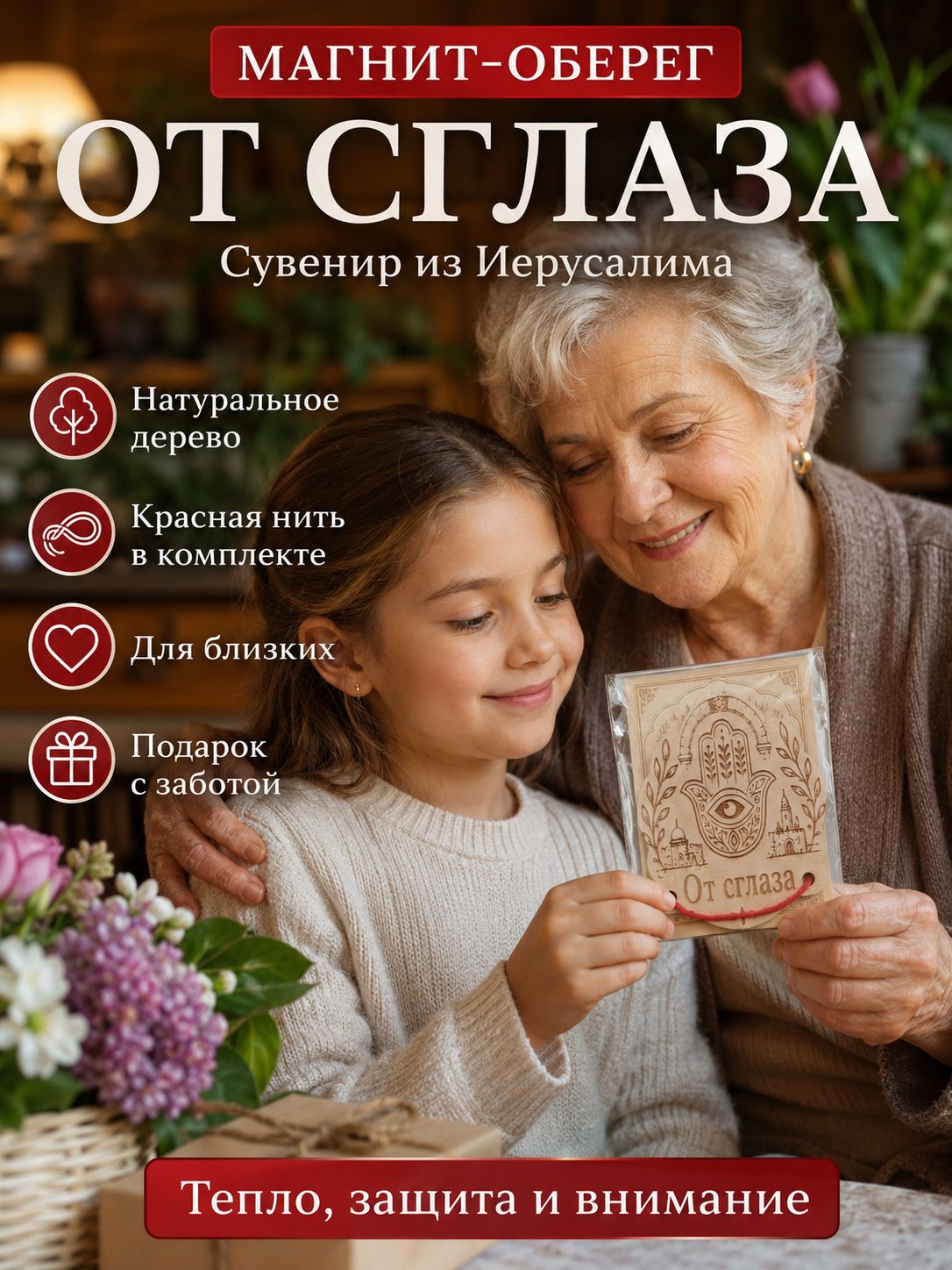 Магнит-оберег От сглаза из Иерусалима с красной нитью, деревянный сувенирный магнит на холодильник