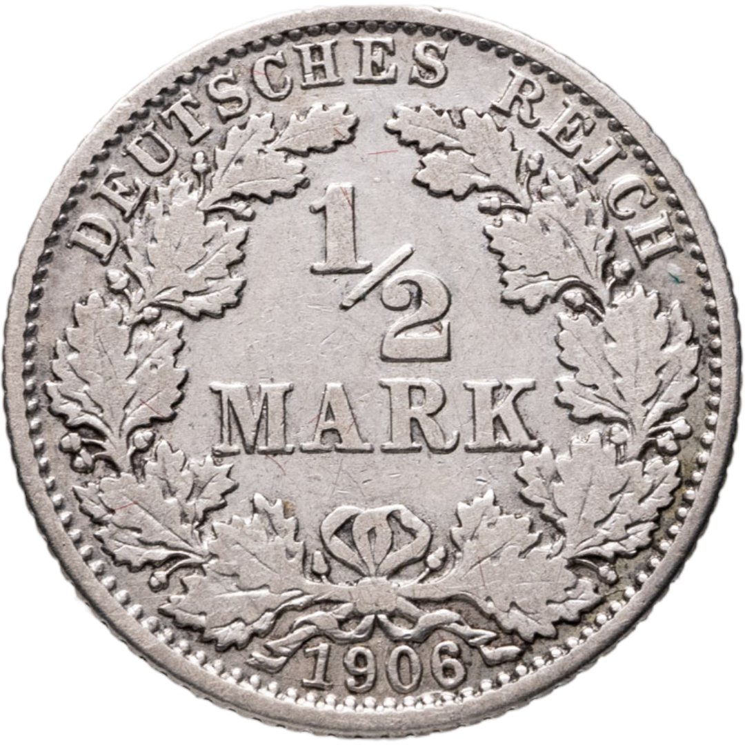 Германия 1/2 марки 1906, знак монетного двора: "G" - Карлсруэ, Серебро 900, в сохранности VF-XF