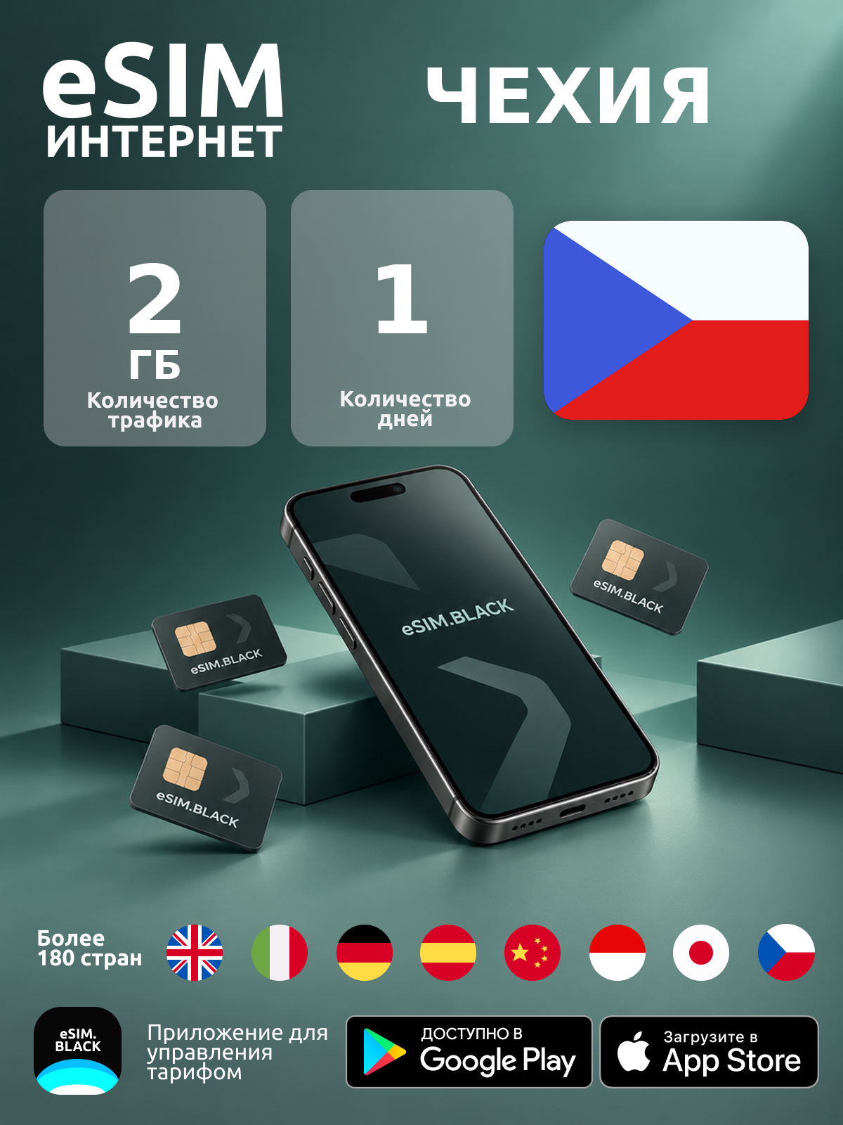 Чехия/1 день/2 ГБ - eSIM для мобильного интернета ( iPhone | Android ).