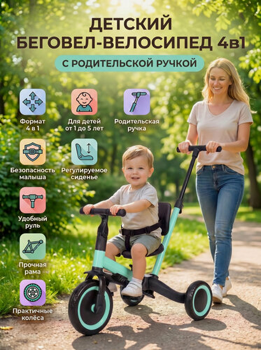 Изображение товара R-Wings Детский беговел-велосипед 4в1 с родительской ручкой, зеленый - TR007-CYAN
