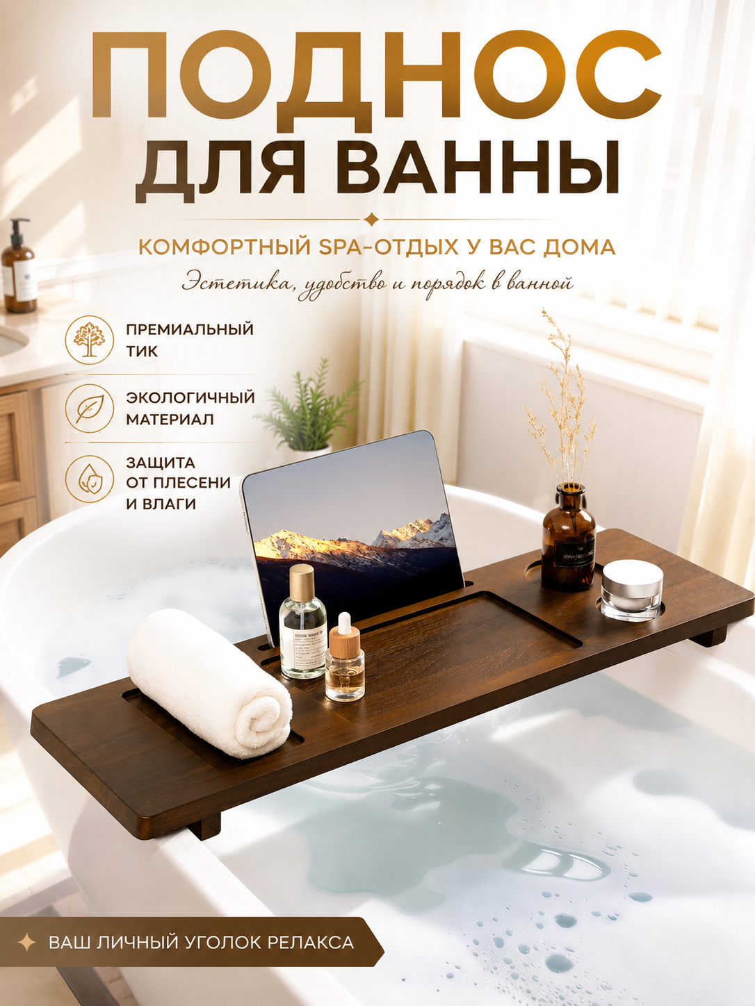 Поднос для ванны из натурального тика влагостойкий органайзер с отделениями для планшета, косметики и полотенца для домашнего спа