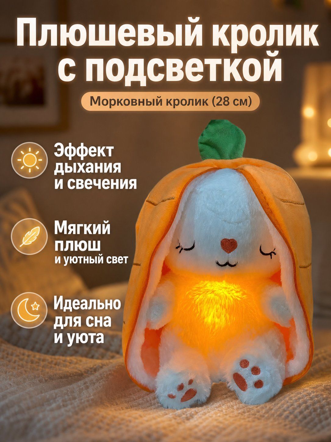 Мягкая игрушка Морковный кролик 30 сантиметров, со светящимся животиком, из короткого плюша