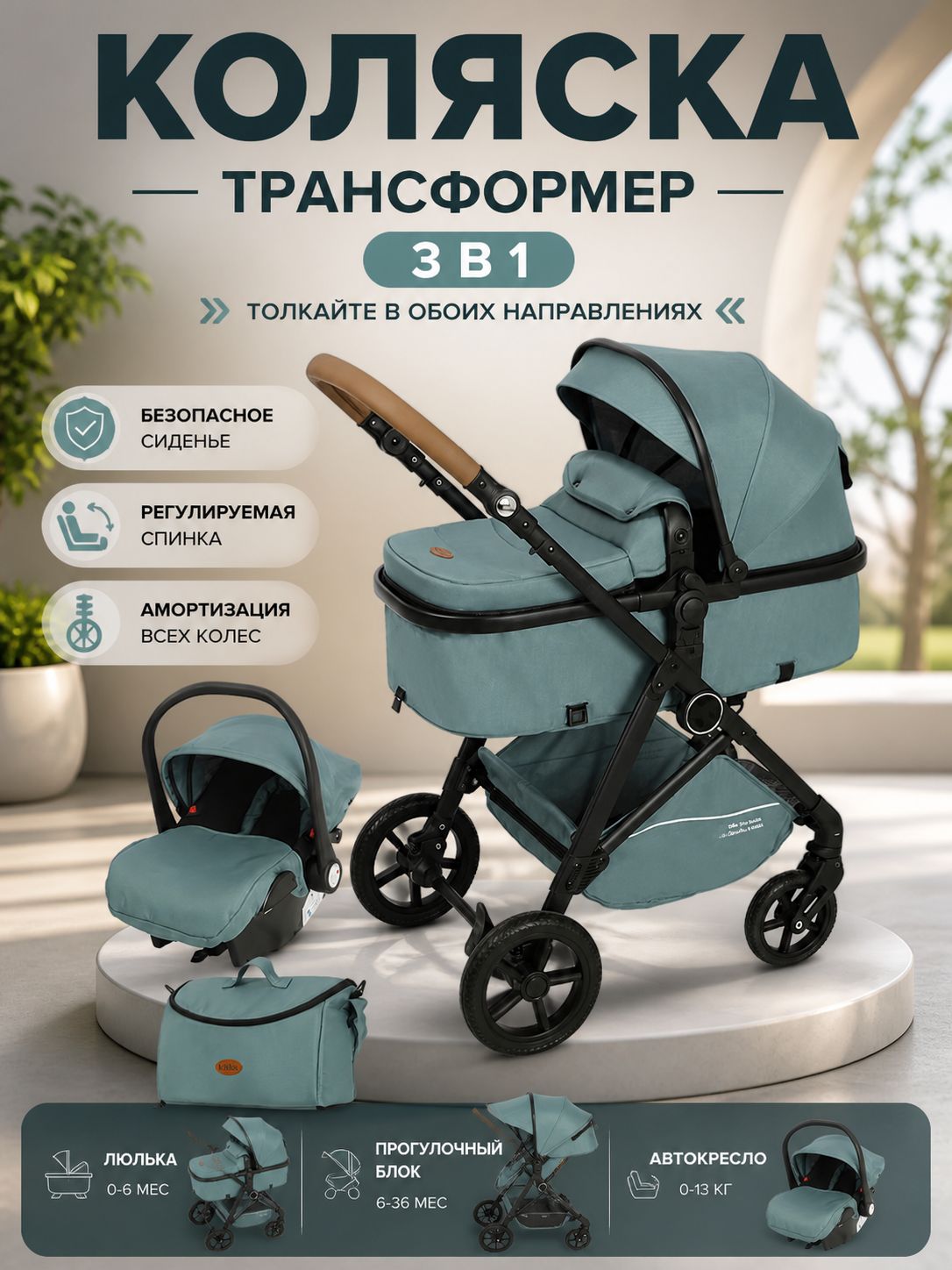 Коляска трансформер для новорожденных 3 в 1 , универсальная, всесезонная с автолюлькой