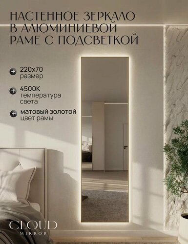 Изображение товара Зеркало 220х70 см. золото с подсветкой. Свет: Нейтральный белый 4500К. В алюминиевой раме интерьерное настенное настенное CLOUD MIRROR