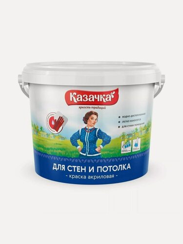 Изображение товара Краска водно-дисперсионная Казачка W-3 акриловая интерьерная матовая белая для стен, потолка и обоев, 2.7 кг