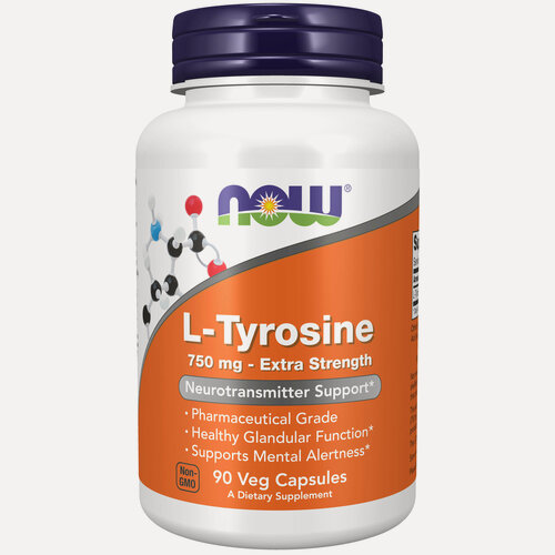 Изображение товара NOW Tyrosine, L-Тирозин 750мг, 90 растительных капсул, Аминокислота для настроения, мозга, похудения, щитовидной железы
